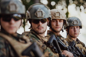Soldier fighters standing together with guns. Group portrait of US army elite members, private...