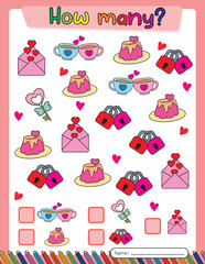 Valentine's day. Education Counting games. Activity book for kids. Math worksheet. Printable.
