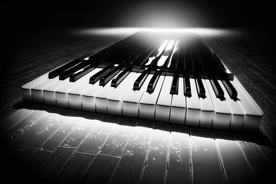 Empty, gleaming, black and white piano keyboard. Generative AI