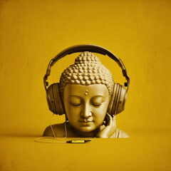 Buddha with music headphones on a yellow background. Generative AI.