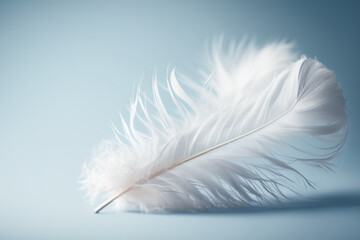 white delicate air feather on a blue background Generative AI