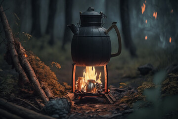 kettle on a campfire in the woods, preparing a hot drink in nature Generative AI