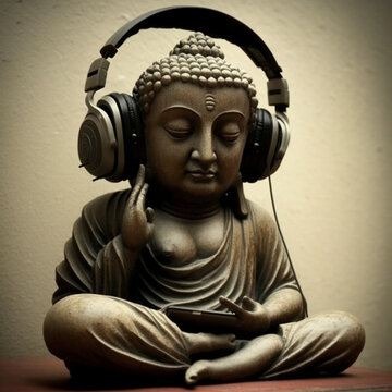 Buddha with music headphones. Generative AI.