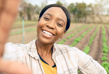 Agriculture, farm and selfie of happy black woman smiling and taking picture outdoors. Agro,...