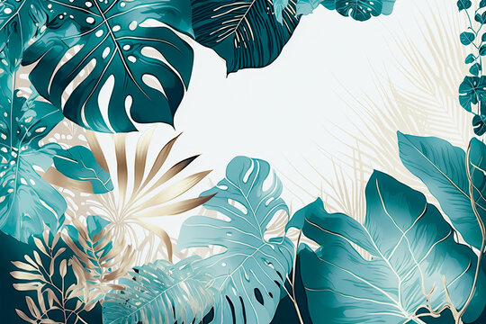 Tropical foliage watercolor background. Summer botanical design with gold line art, monstera, palm, and watercolor texture. Luxury tropical jungle illustration for banner, poster, and wallpaper