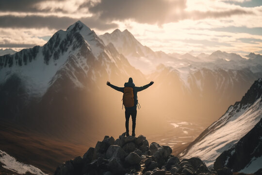 man on top of the mountain, achieve success goals concept Generative AI