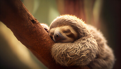 A sloth hanging on a tree branch sleeping generated by AI