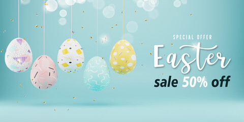 Easter sale banner design. Easter sale text up to 50% off promotion with 3d realistic eggs for seasonal shop discount advertisement. 3d rendering.