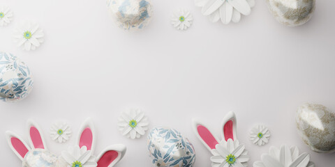 Easter colorful decorated eggs on white background. Luxury easter concept. Happy Easter card with copy space for text. 3d rendering.