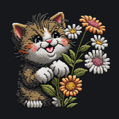 Fototapeta na wymiar Smililng kitten with flowers. Embroidery textured colorful cute kitten. Bright tapestry happy cat and chamomile flowers. Embroidered vector background illustration. Beautiful decorative pattern