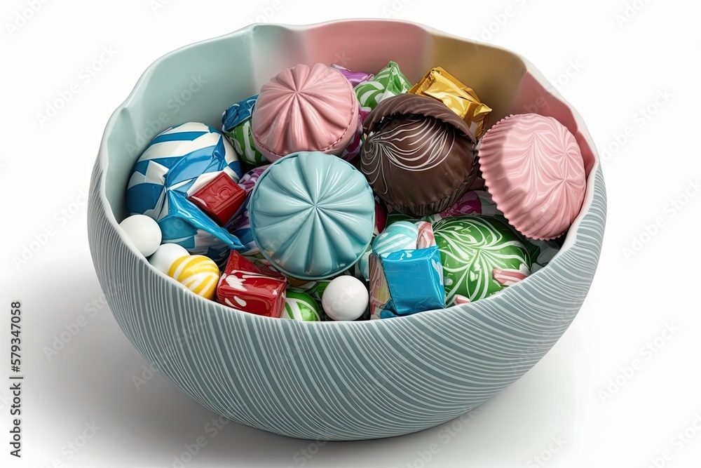 Poster candies in a bowl with different colored wrappers and a white background. generative ai