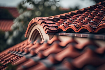 red metal tile roofing roof Generative AI - obrazy, fototapety, plakaty