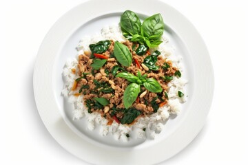 Minced Pork with Basil, Stir Fried. White Plate. First rate perspective. Generative AI