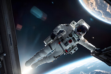 Astronaut at spacewalk. Cosmic art, science fiction wallpaper. Beauty of deep space. Billions of galaxies in the universe . Ai generative