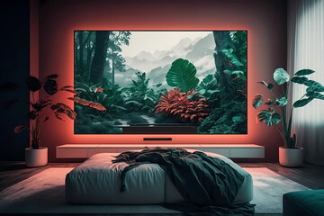 Elegant bed room with big tv. Interior design. Generative ai.