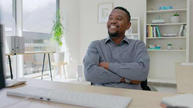 Business, happy black man and thinking at desk, office and excited opportunity of leadership ideas. Manager smile in daydream of corporate motivation, planning and vision of mindset, hope and goals