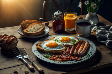 English breakfast of eggs, toast, sausages, tea and orange juice in a picturesque setting. Food generative ai