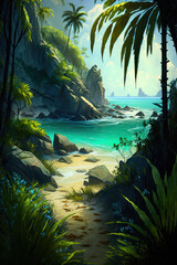 Plakat Beautiful tropical beach shore, Thailand, Digital Illustration, Generative AI