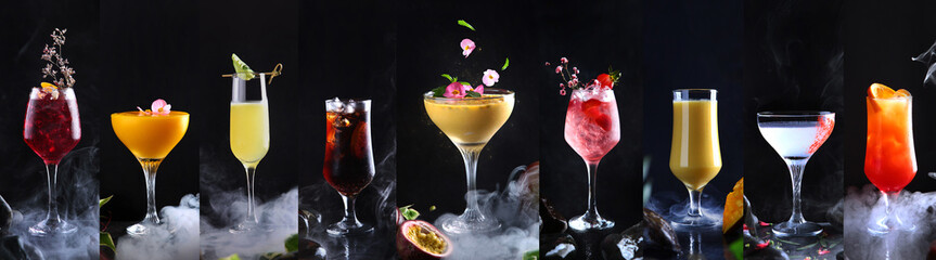 Photo collage with alcoholic colored cocktails and drinks. Narrow banner. Nine cocktails with...