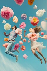Portrait of young beautiful couple in love on Spring abstract background, fresh colorful meadow flowers in the air. On clear blue sky, plant nature concept. Flower explosion. Generative AI.