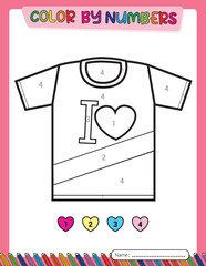 T-shirt. Valentine's day. Color by number for kids. Educational games. Activity book. Printable.
