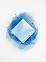 Diamond shape on blue watercolor stains. Template for invitations and covers. Illustration with brush stains