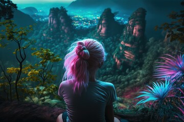 Young girl sitting and looking at tropical jungle landscape with fresh vivid plants, leaves and flowers. Beautiful forest, Summer botanical garden on sunny day. Generative AI.