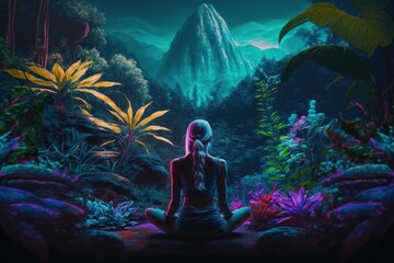 Young girl sitting and looking at tropical jungle landscape with fresh vivid plants, leaves and flowers. Beautiful forest, Summer botanical garden on sunny day. Generative AI.
