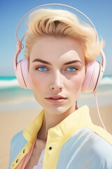 Young beautiful girl relaxing on the beach on a sunny summer day on the seashore with headphones on her ears with loud music. Generative AI. - obrazy, fototapety, plakaty