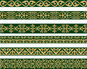 Set of vector gold and green seamless Kazakh national ornament. Ethnic pattern of the nomadic peoples of the great steppe, the Turks. Border, frame Mongols, Kyrgyz, Buryats, Kalmyks..