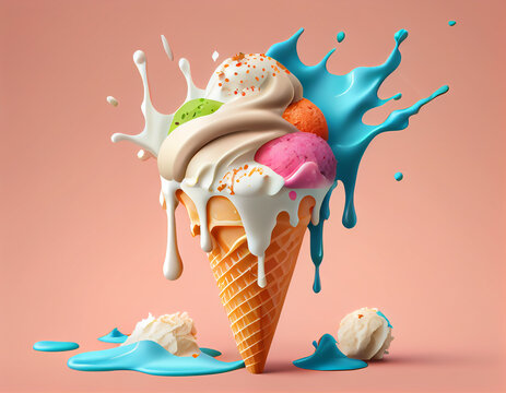 Melted ice cream on solid background. Generative AI