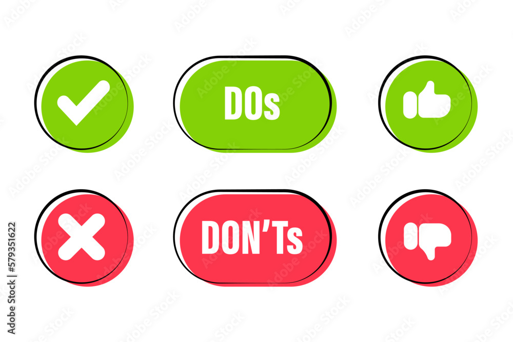 Poster do and don't thumbs. thumb up and thumb down. rejected or approved. to-do and not-to-do list signs. 