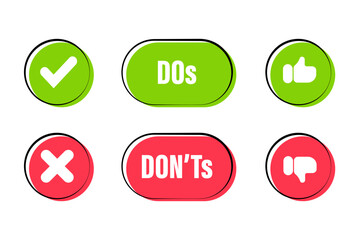 Do and Don't thumbs. Thumb up and thumb down. Rejected or approved. To-do and not-to-do list signs. Vector