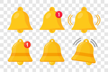 Notification bell icon. The golden alert bell. New notification. New sms or message. Vector set.
