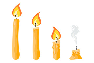 The stages of candle burning. Melting cnadle. Candle flame. Candle getting smaller. Candle smoke. Melted candle wax. Vector