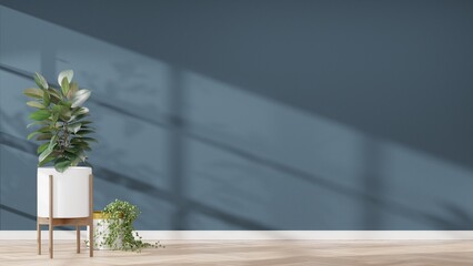 Plants against a dark blue wall mockup. dark blue wall mockup with wooden floor, plant and. 3d render