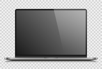 A laptop layout with a dark gray screen on a transparent background. A realistic, modern laptop with a silver case. Vector eps 10.
