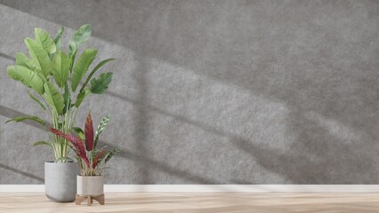 Plants against a grey concrete wall mockup. grey concrete wall mockup with wooden floor, plant and. 3d render