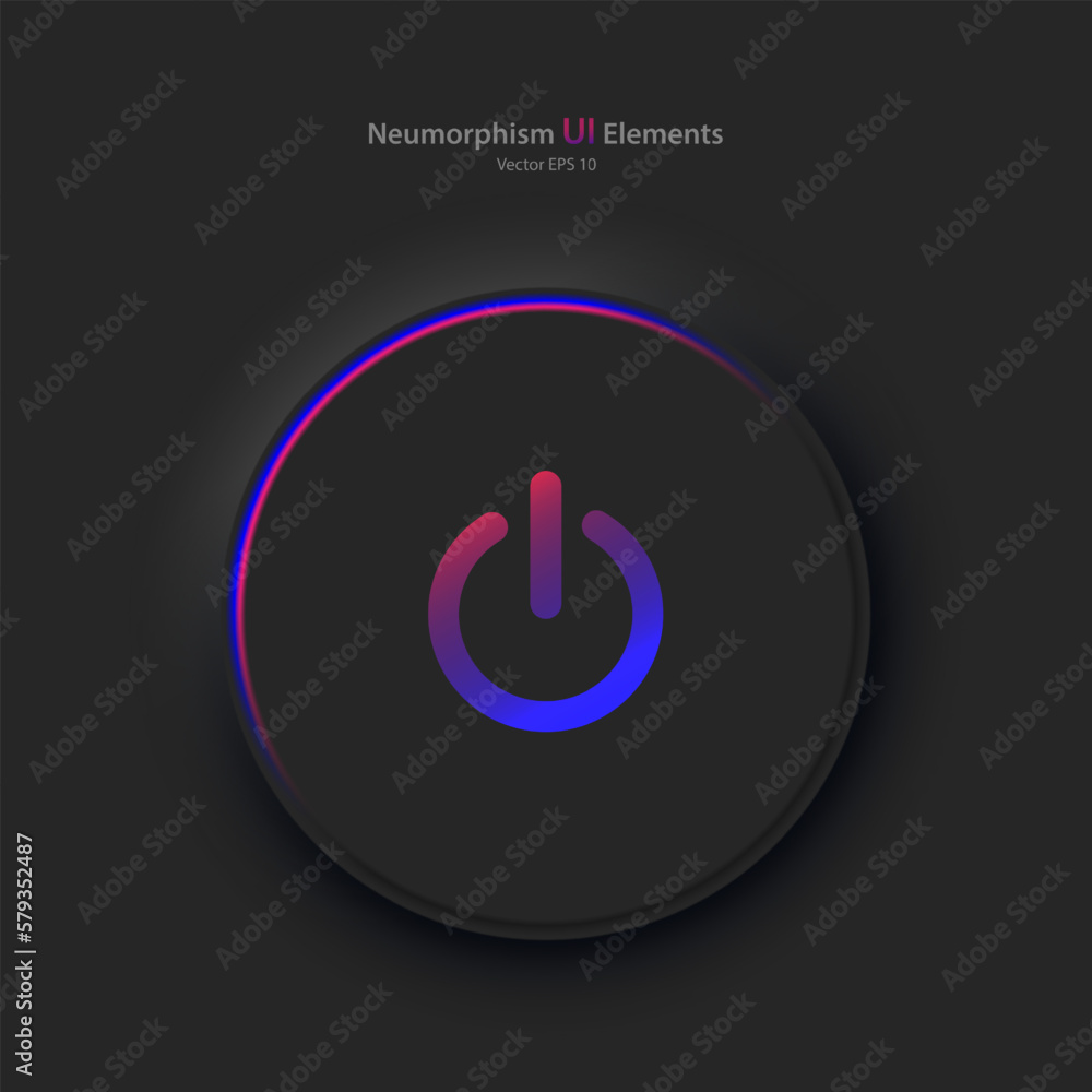Poster a round button with a pink and blue power symbol on a black background. user interface elements in t