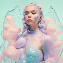 Cyber futuristic beautiful young girl surrounded by fresh flowers on her pastel colored space suit. Spring concept, fresh flowers and bright colors. Generative AI. - obrazy, fototapety, plakaty