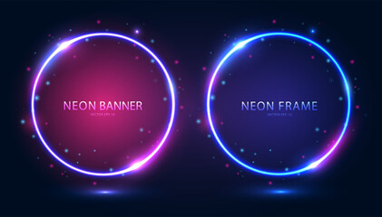 Round neon frames with shining effects and highlights on a dark background. A set of futuristic modern neon glowing banners. Vector EPS10.