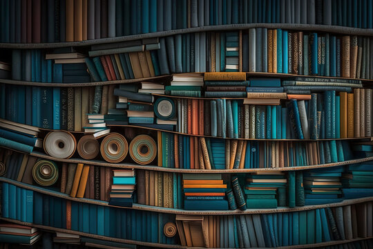 Bookshelves background. Generative AI.