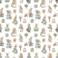 Watercolor seamless pattern with vintage Easter rabbits bunny, flowers bouquet in wicker basket, cake and gift box isolated on white background. Watercolor hand drawn illustration sketch