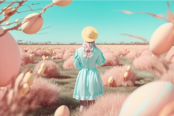 A young cute girl with a straw hat from her back, standing and looking at a meadow pastel pink landscape. Spring nature. Generative AI.