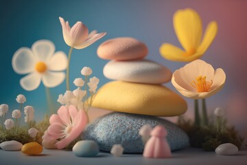 Spring cheerful creative concept, fresh spring flowers and pastel colorful stones and rocks. Spring is coming, nature is waking up. Generative AI.