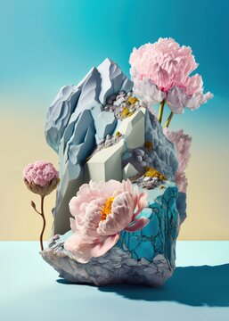 Fototapeta Spring cheerful creative concept, fresh spring flowers and pastel colorful stones and rocks. Spring is coming, nature is waking up. Generative AI.
