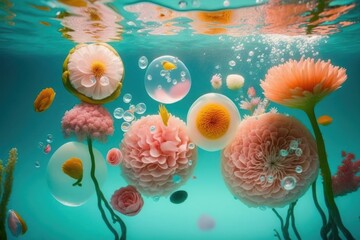 Underwater creative love concept of fresh Spring flowers in blue water background. Love is in the water, Generative AI.