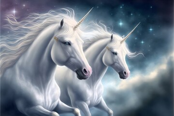 Naklejka na ściany i meble A pair of beautiful unicorns riding together in space, a galaxy, legendary, white, beautiful