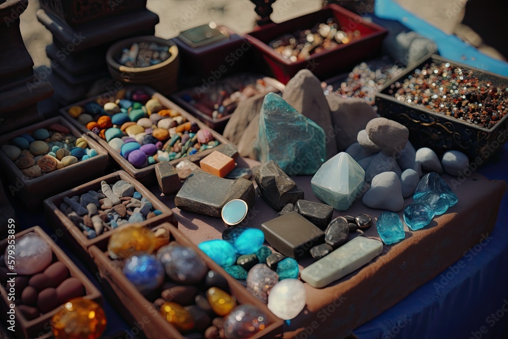 Poster vendor's table piled high with boxes of untreated gems of different colors. minerals used for the sa