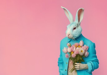 Vintage retro portrait of Easter Bunny in a human suit, standing as a human and posing with fresh spring flowers. A bouquet of flowers and rabbit on pastel background. Generative AI.